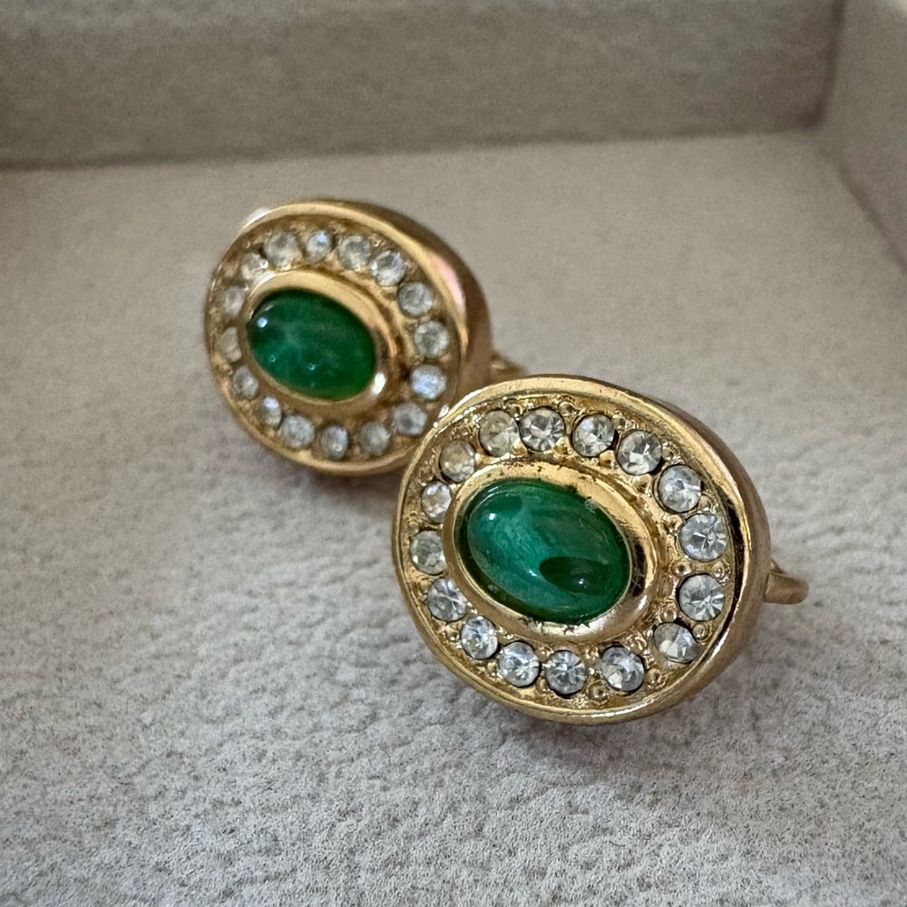 Dior Gold-Tone Earrings with Green Cabochons and Clear Crystals - Picture 5 of 6